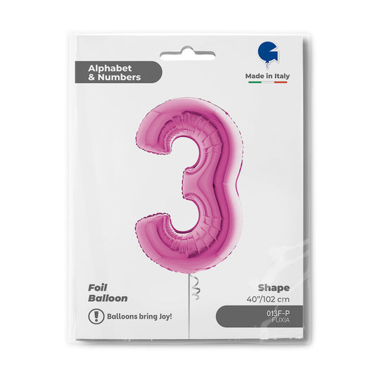 Zahlen-Folienballon - 3 (drei) in Pink FUCHSIA 102cm/40inch (Grabo)