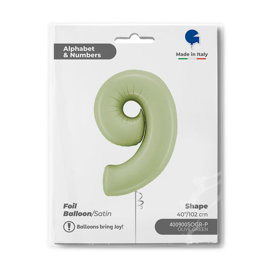 Zahlen-Folienballon 9 (neun) in SATIN OLIVE GREEN 102cm/40inch (Grabo)