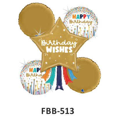 Folienballon-Bouquet mit fünf Ballons 38-109 cm Birthday Wishes, gold-weiss, mit Sternen und Konfetti, Happy birthday