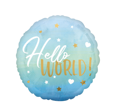 Folienballons Hello World Pastell Blau mit Gold Ø 43cm (Anagram) Welcome Baby